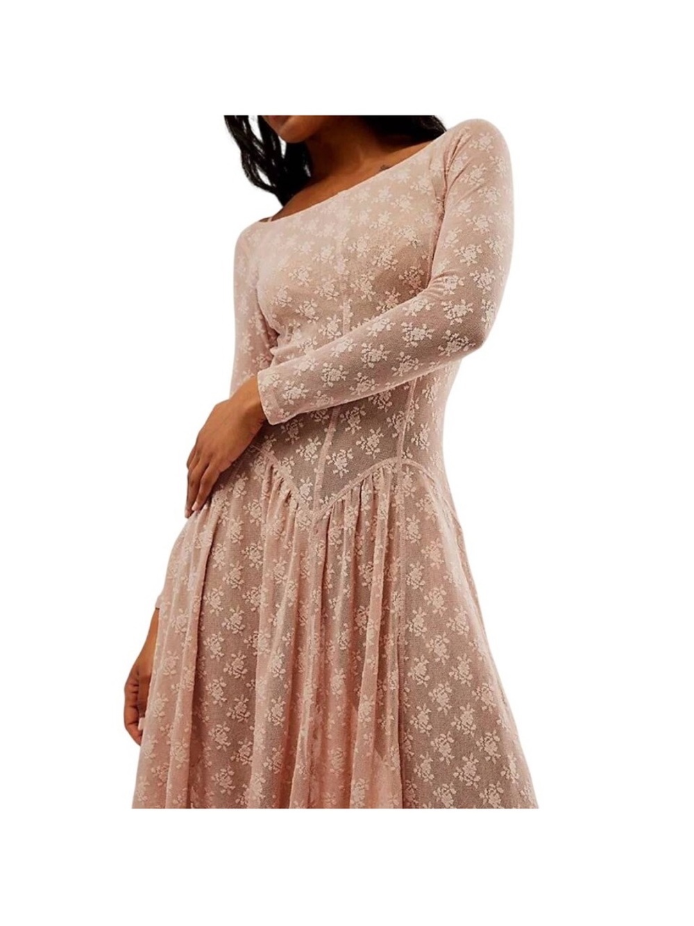 Free People Women's Blush Lace Long-Sleeve Midi Dress